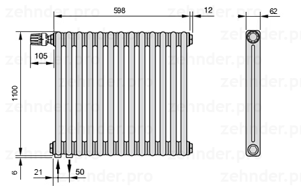 Схема (чертеж) Радиатор Zehnder Charleston 2110/13 №V001 Белый глянцевый RAL 9016